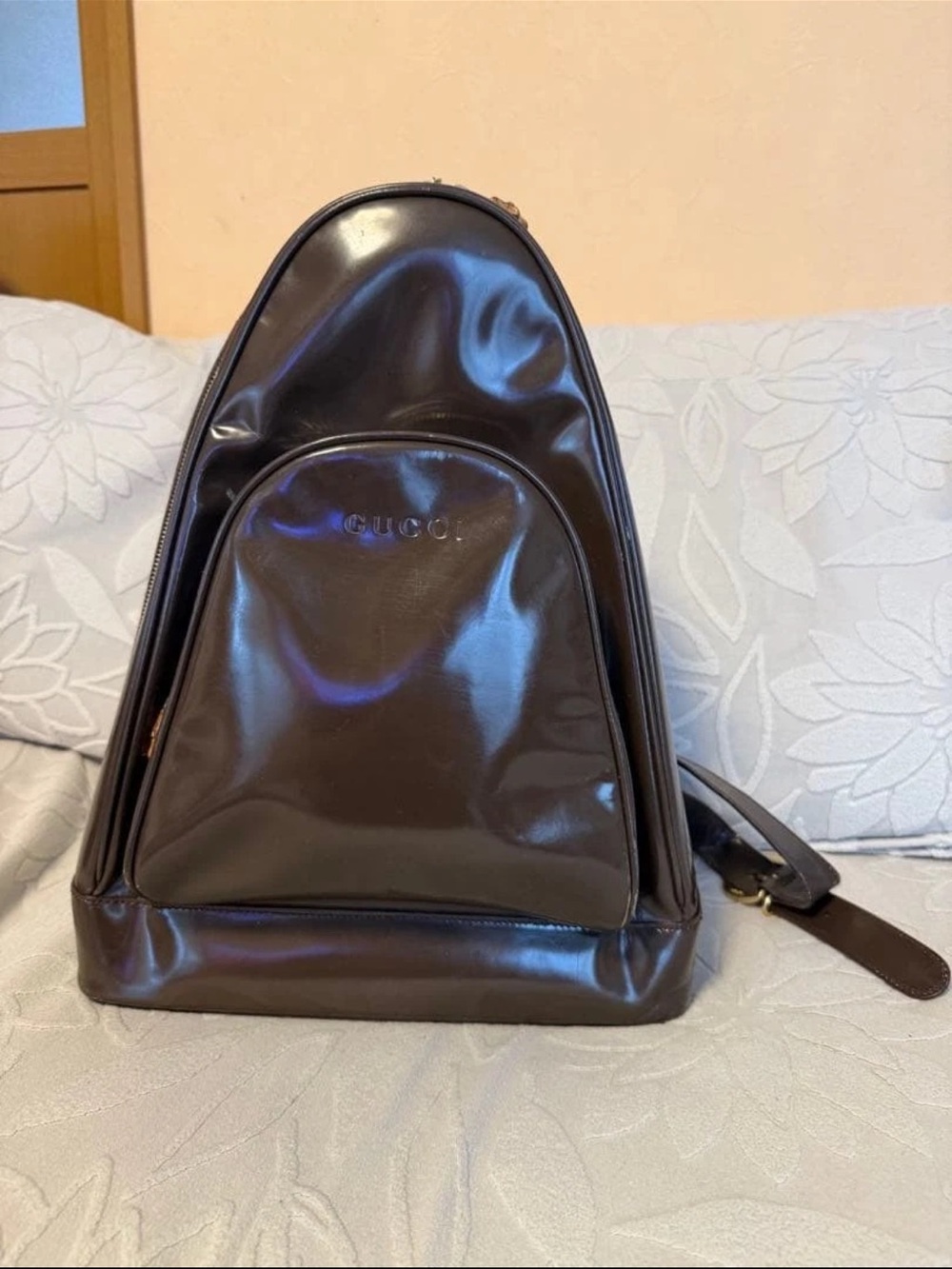 Gucci Dark Brown Patent Leather Sling Backpack